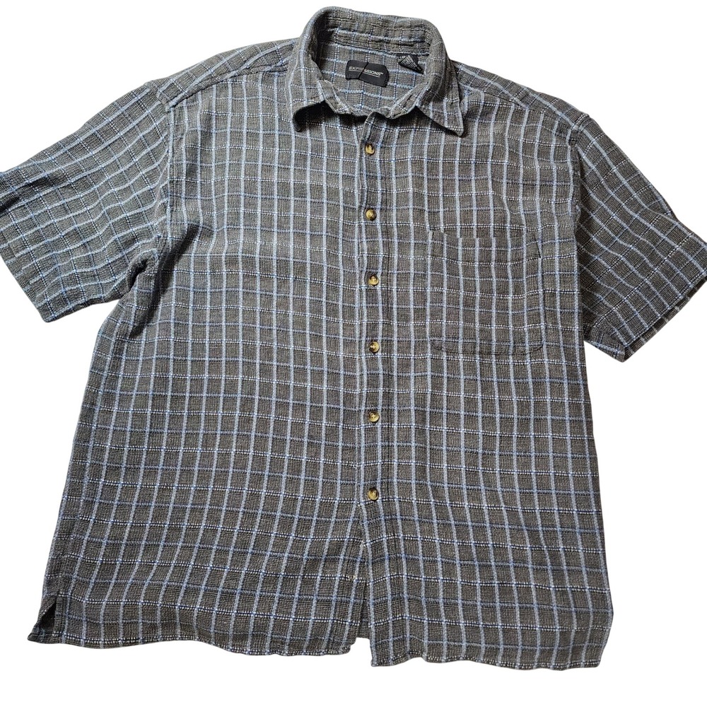 Expressions‎ Mens Large Short Sleeve Button Up Shirt Grey Blue Plaid 100% Cotton